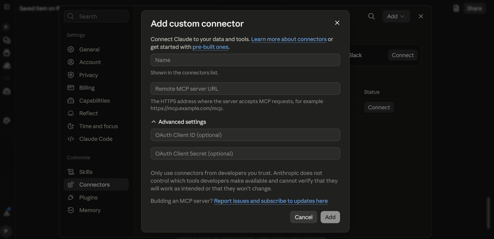 Claude's Add custom connector dialog