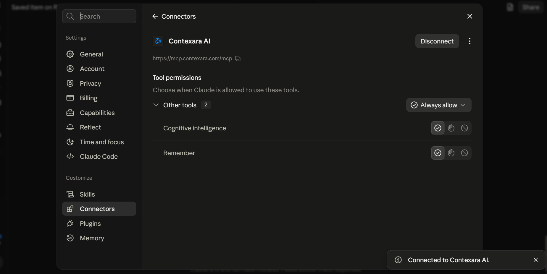 Contexara showing as a connected connector