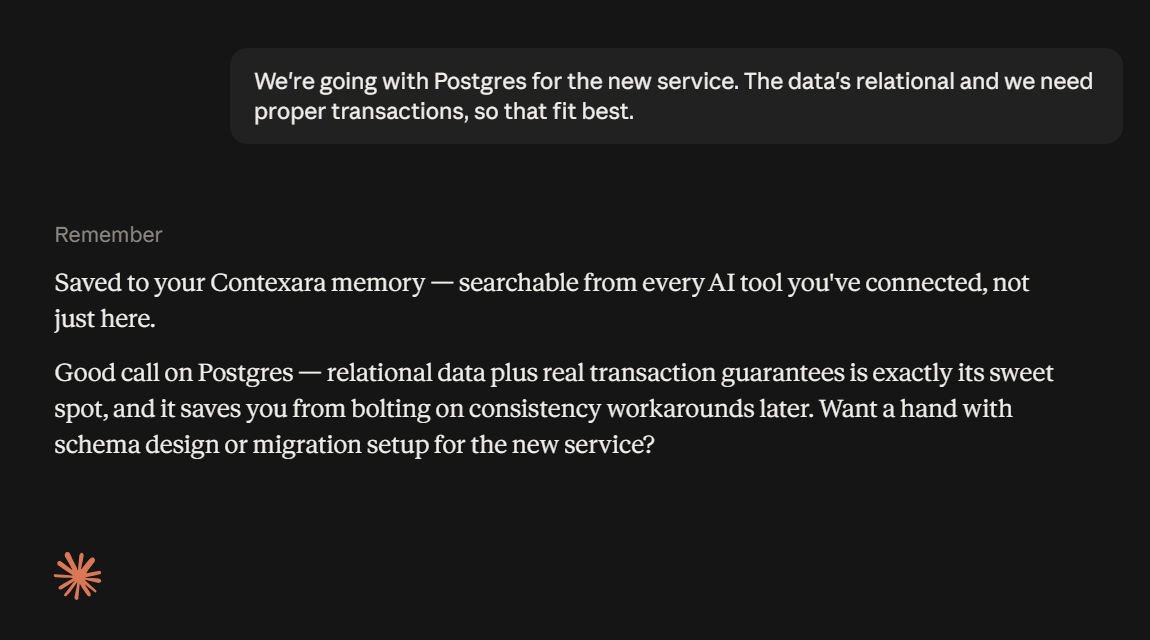 Claude saving a database decision to Contexara without being asked