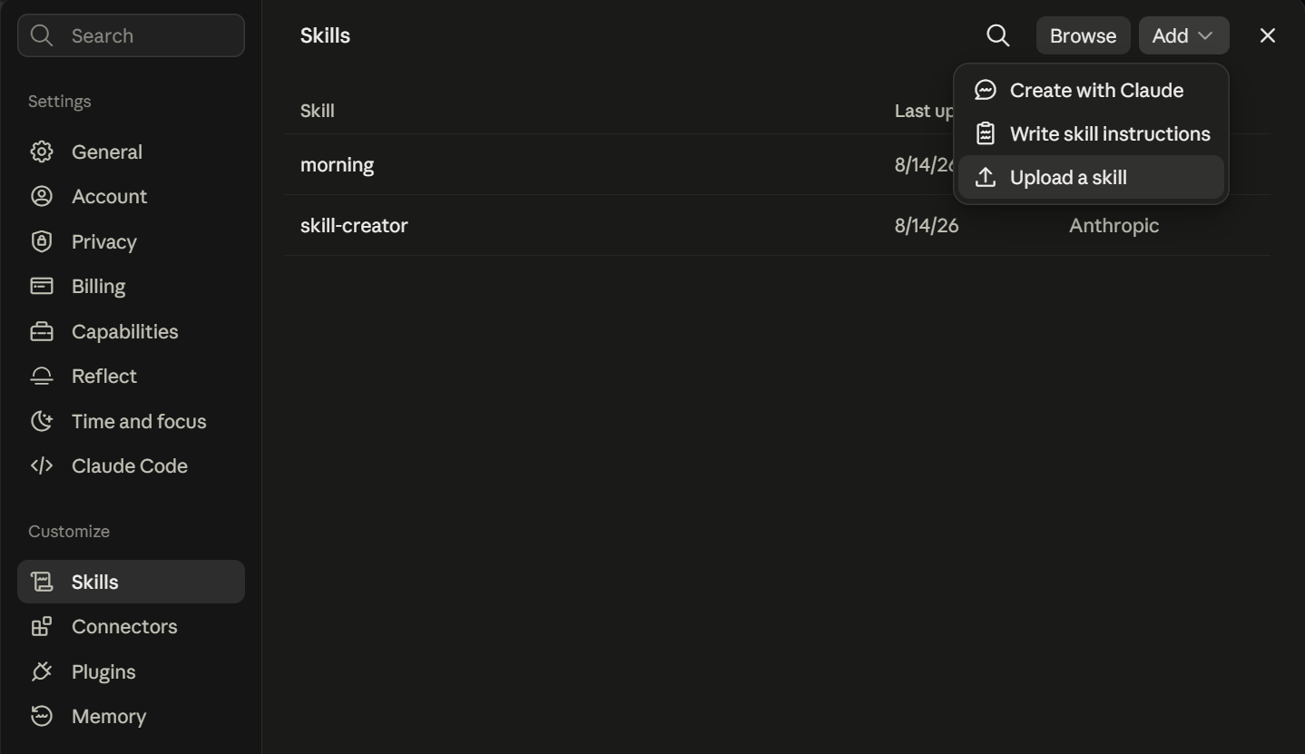 Claude's Skills settings with the Upload a skill option open