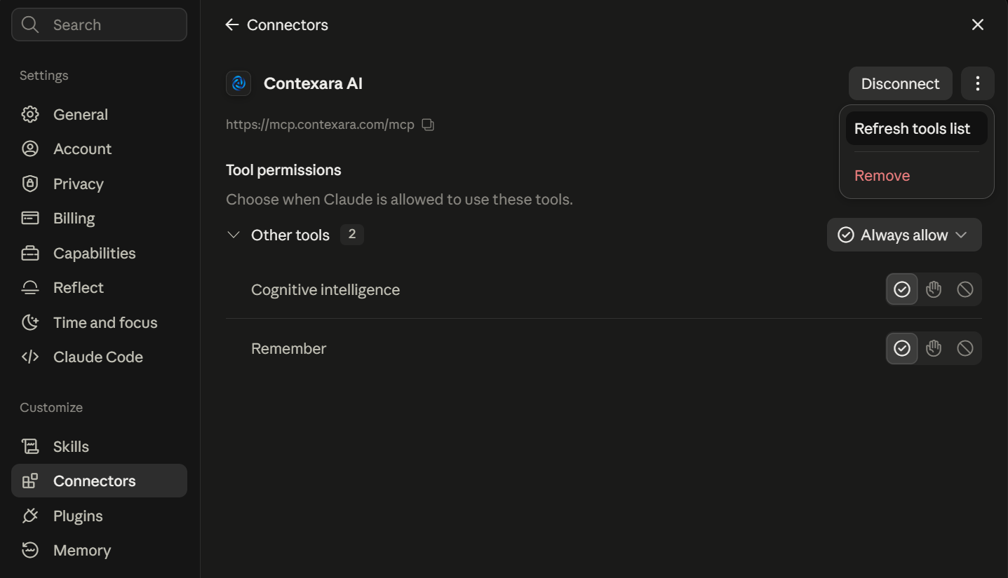 Contexara connector showing both tools with the refresh menu open